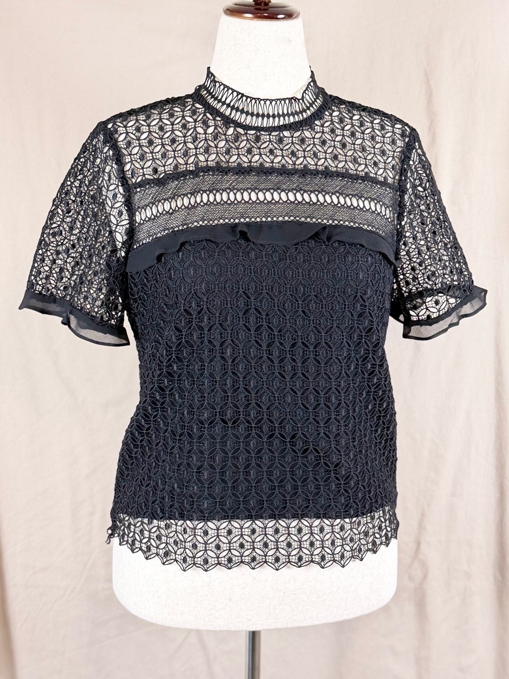 Zara Woman Lace Top Black Crochet High-Neck Short Sleeve Zip up Whimsigoth Moto